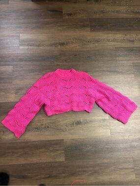 Bright Pink Cropped Openwork Knit Sweater - Women's Crewneck